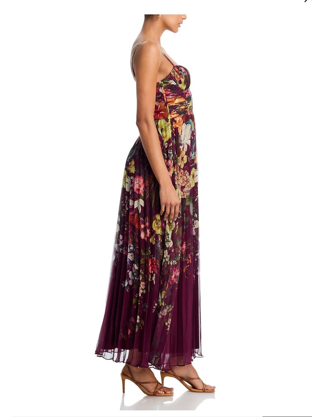 AQUA Pleated Floral Guest of Dress ~ Floral Bustier Maxi Dress in Deep Plum - Picture 5 of 13